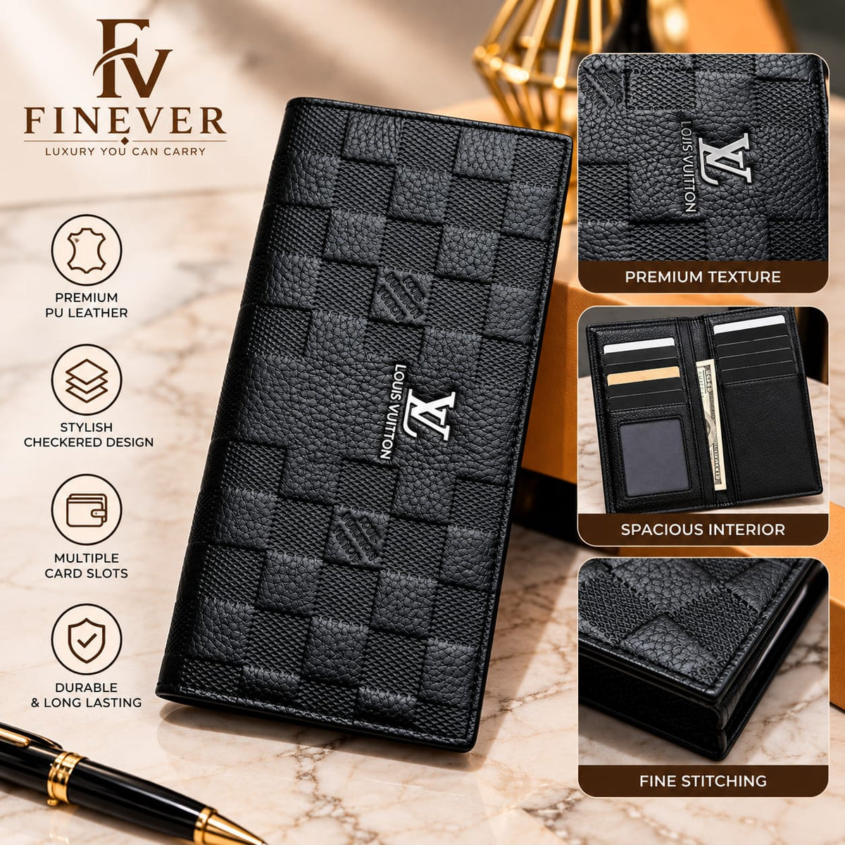 Premium Black Checkerboard Textured Long Wallet for Men