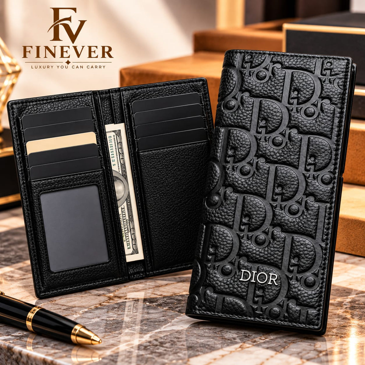 Premium Black Embossed Monogram Long Wallet for Men – Elegant Statement Design