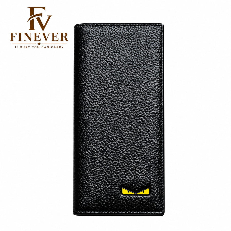 Premium Black Textured Long Wallet for Men with Yellow Eye Emblem