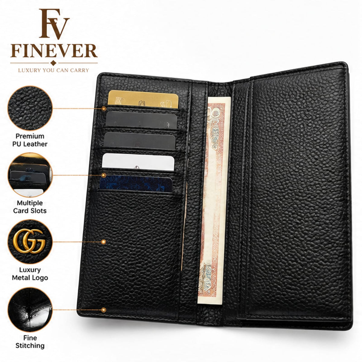 FINEVER Premium Black Textured Long Wallet for Men with Gold-Tone Emblem