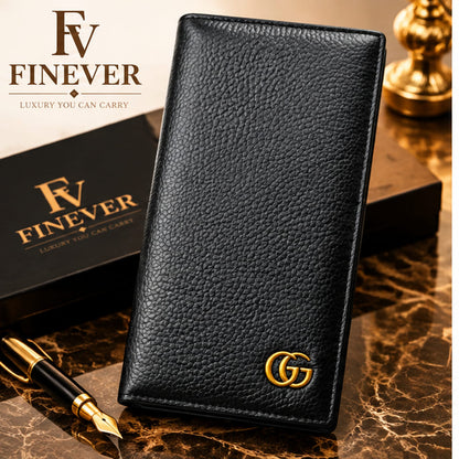 FINEVER Premium Black Textured Long Wallet for Men with Gold-Tone Emblem