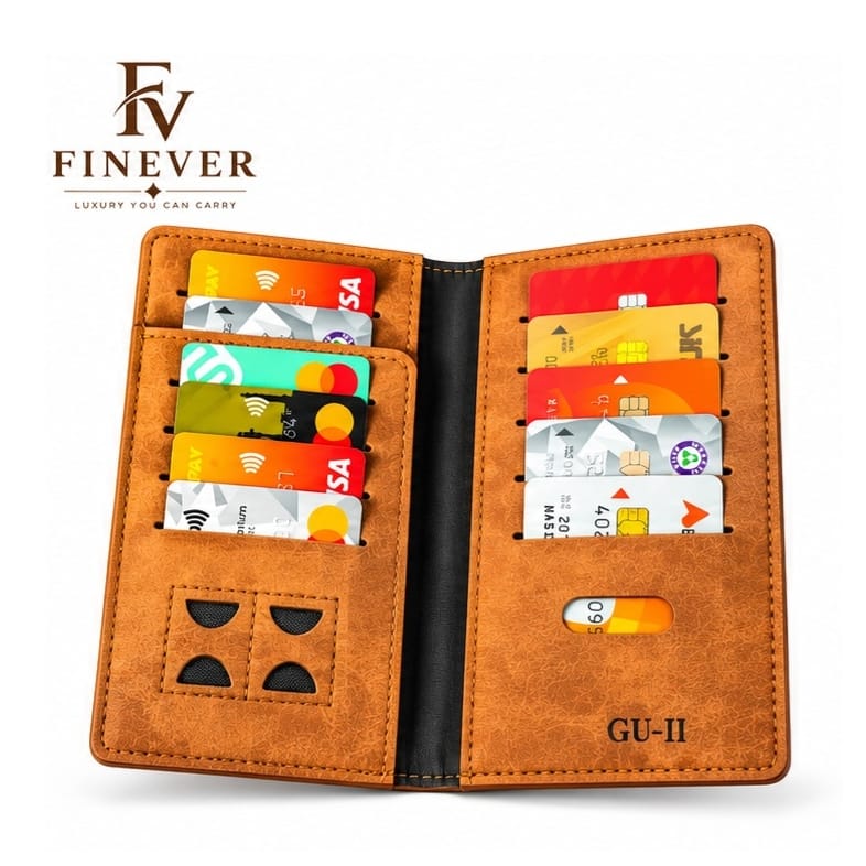FINEVER Men's Tan Long Bifold Wallet – Multi-Card Holder Design