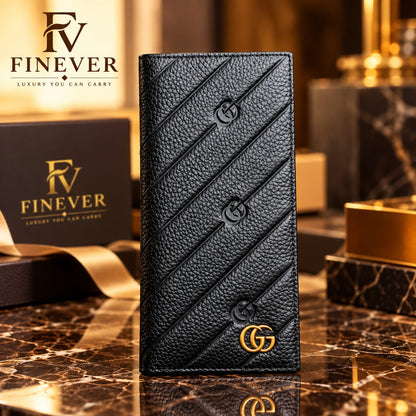 Premium Black Diagonal Textured Long Wallet for Men – Gold-Tone Emblem