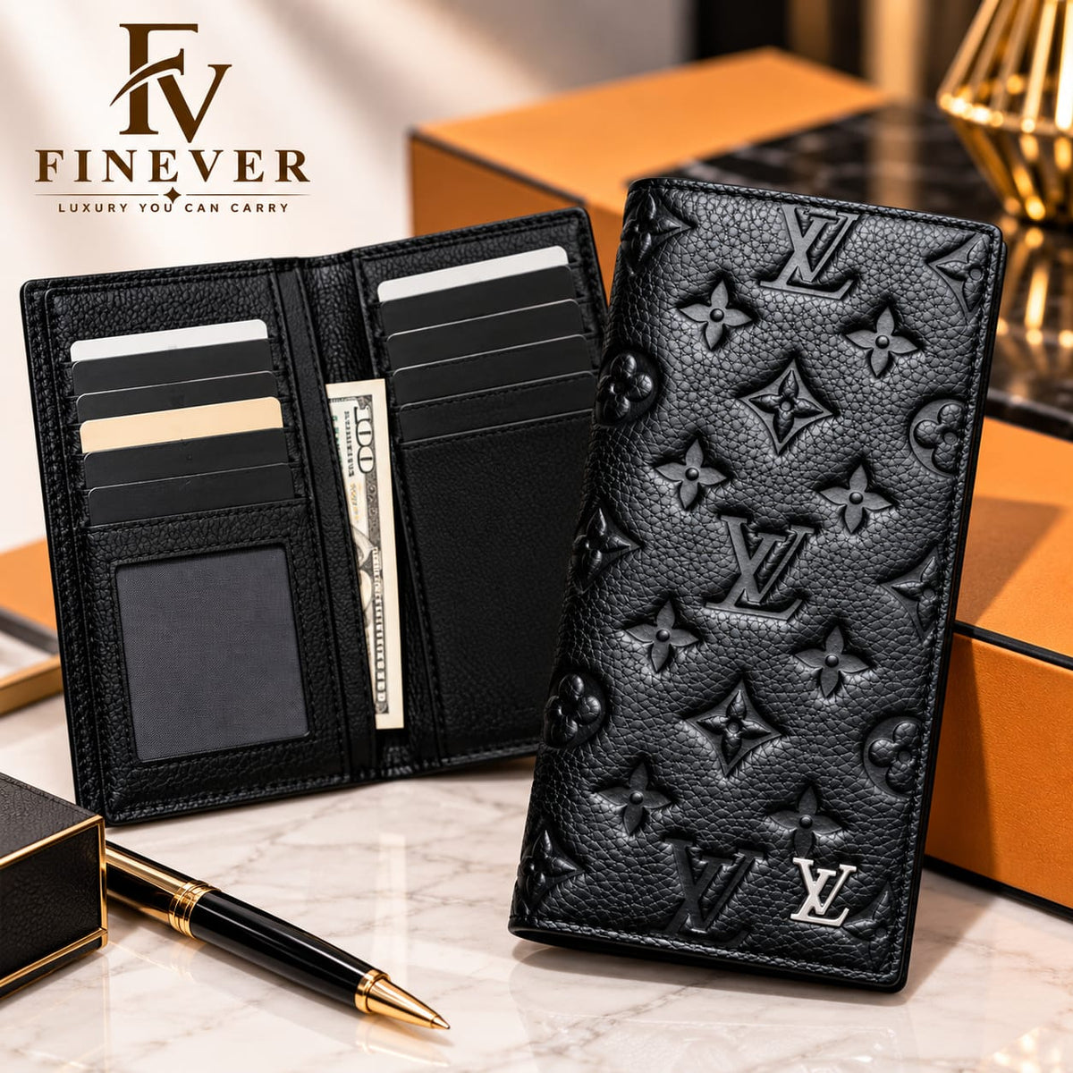 Premium Black Embossed Floral-Pattern Long Wallet for Men