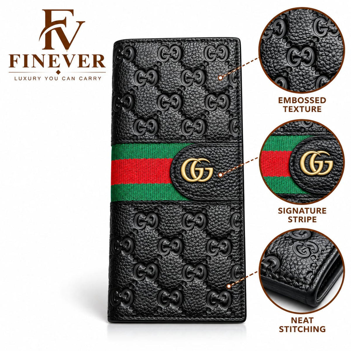 Premium Black Monogram Long Wallet for Men with Green & Red Stripe