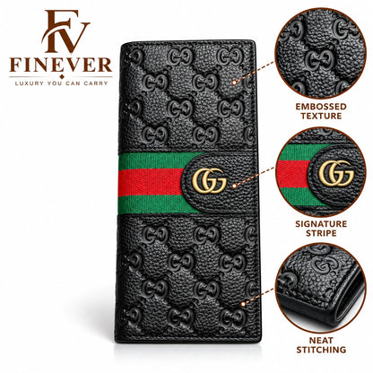 Premium Black Monogram Long Wallet for Men with Green & Red Stripe