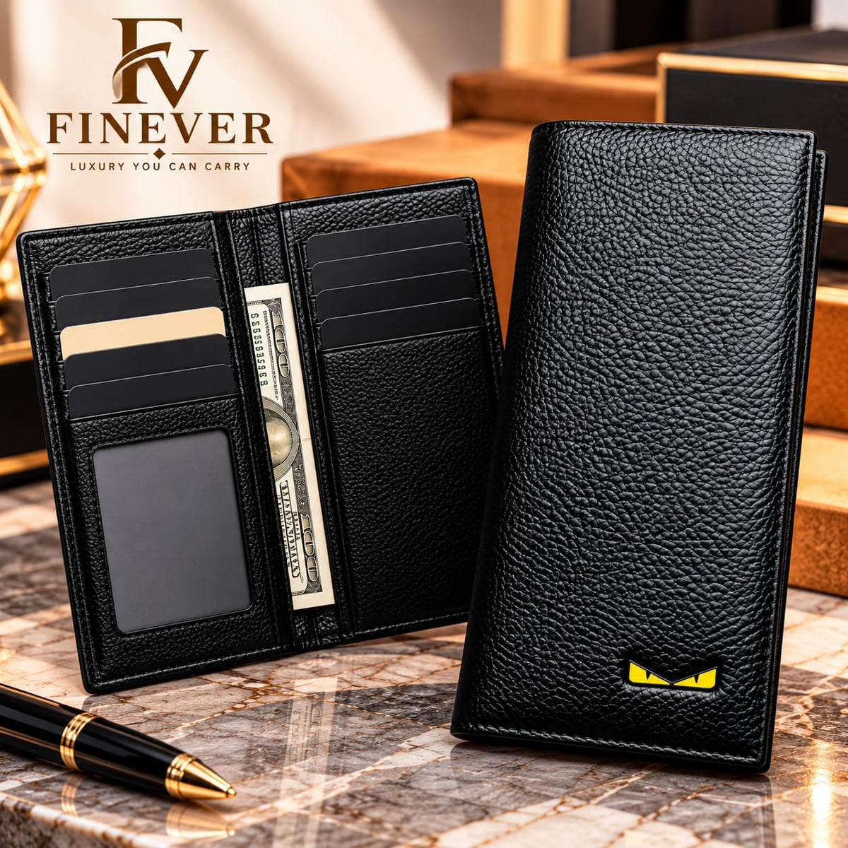 Premium Black Textured Long Wallet for Men with Yellow Eye Emblem