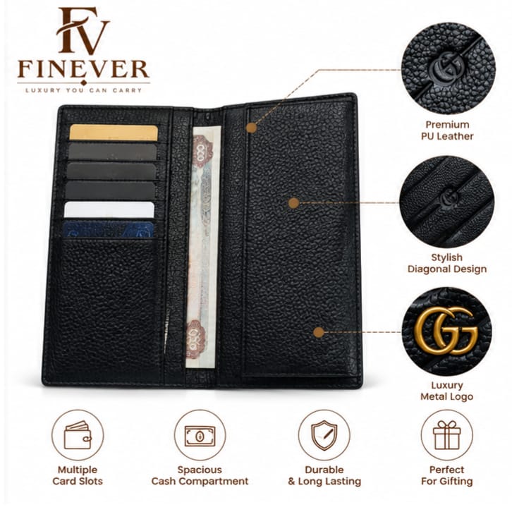 Premium Black Diagonal Textured Long Wallet for Men – Gold-Tone Emblem