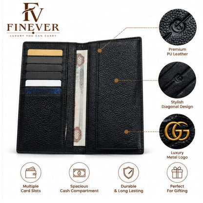 Premium Black Diagonal Textured Long Wallet for Men – Gold-Tone Emblem