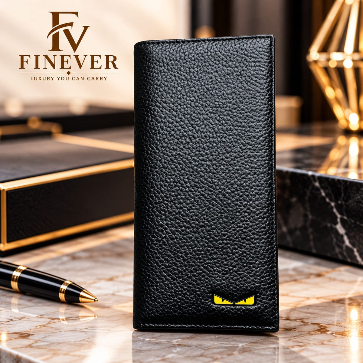 Premium Black Textured Long Wallet for Men with Yellow Eye Emblem