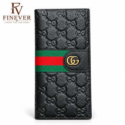 Premium Black Monogram Long Wallet for Men with Green & Red Stripe