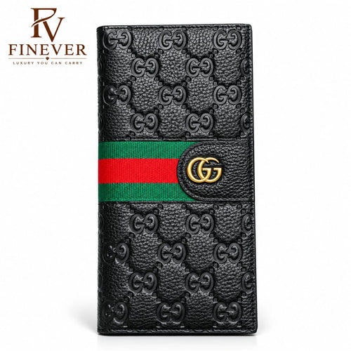Premium Black Monogram Long Wallet for Men with Green & Red Stripe
