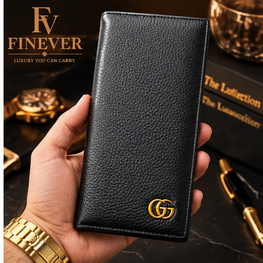 FINEVER Premium Black Textured Long Wallet for Men with Gold-Tone Emblem