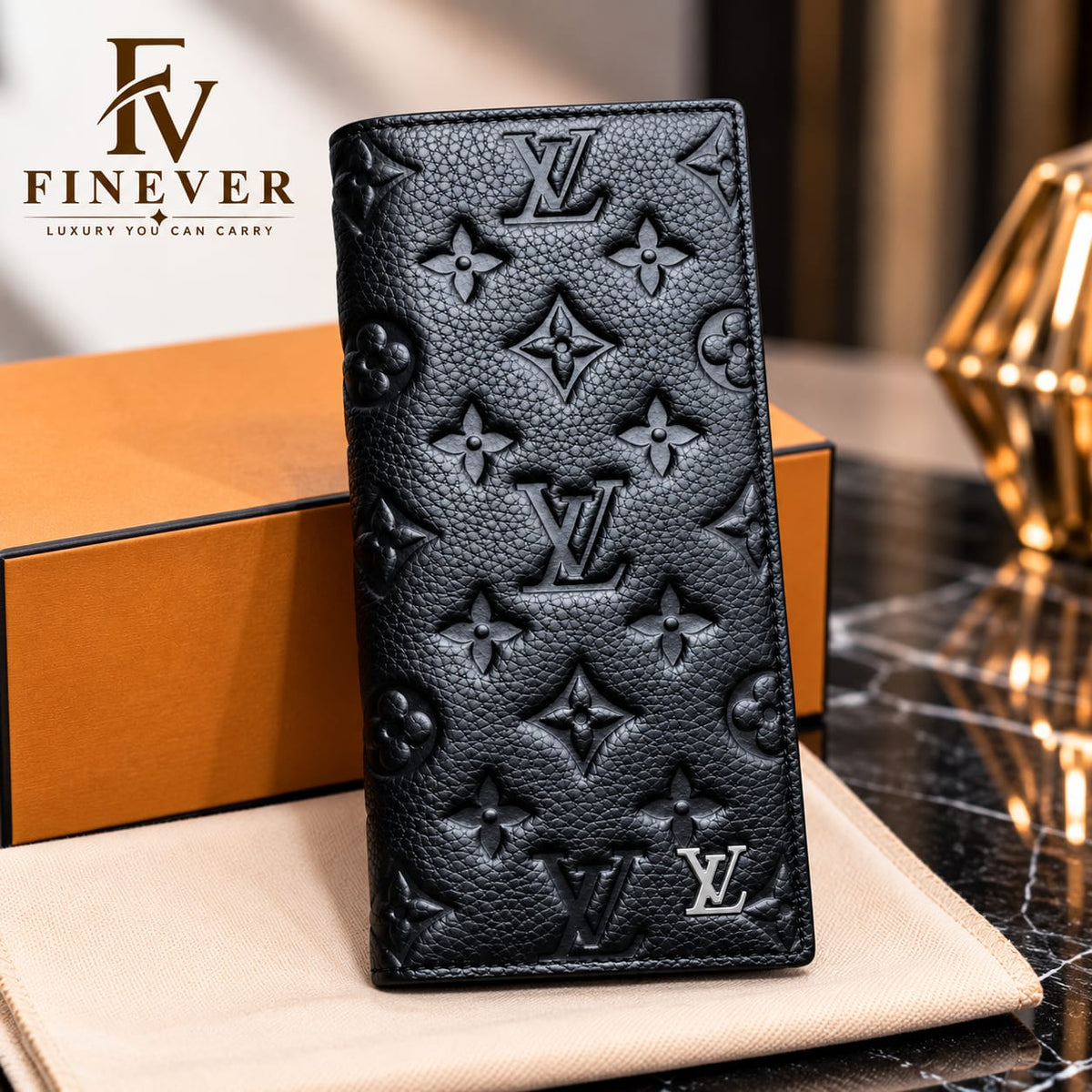 Premium Black Embossed Floral-Pattern Long Wallet for Men