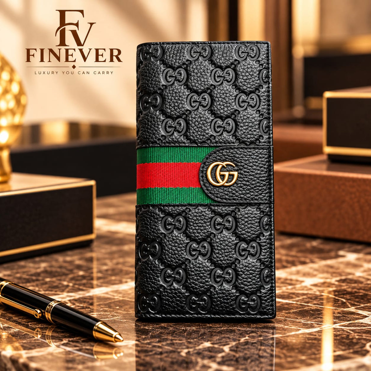 Premium Black Monogram Long Wallet for Men with Green & Red Stripe