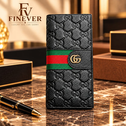 Premium Black Monogram Long Wallet for Men with Green & Red Stripe