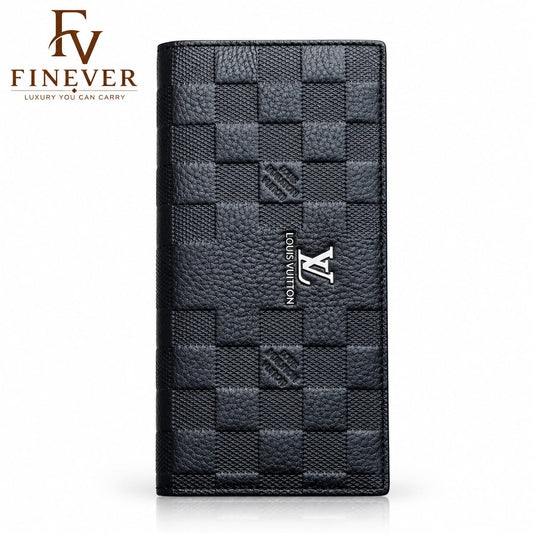 Premium Black Checkerboard Textured Long Wallet for Men