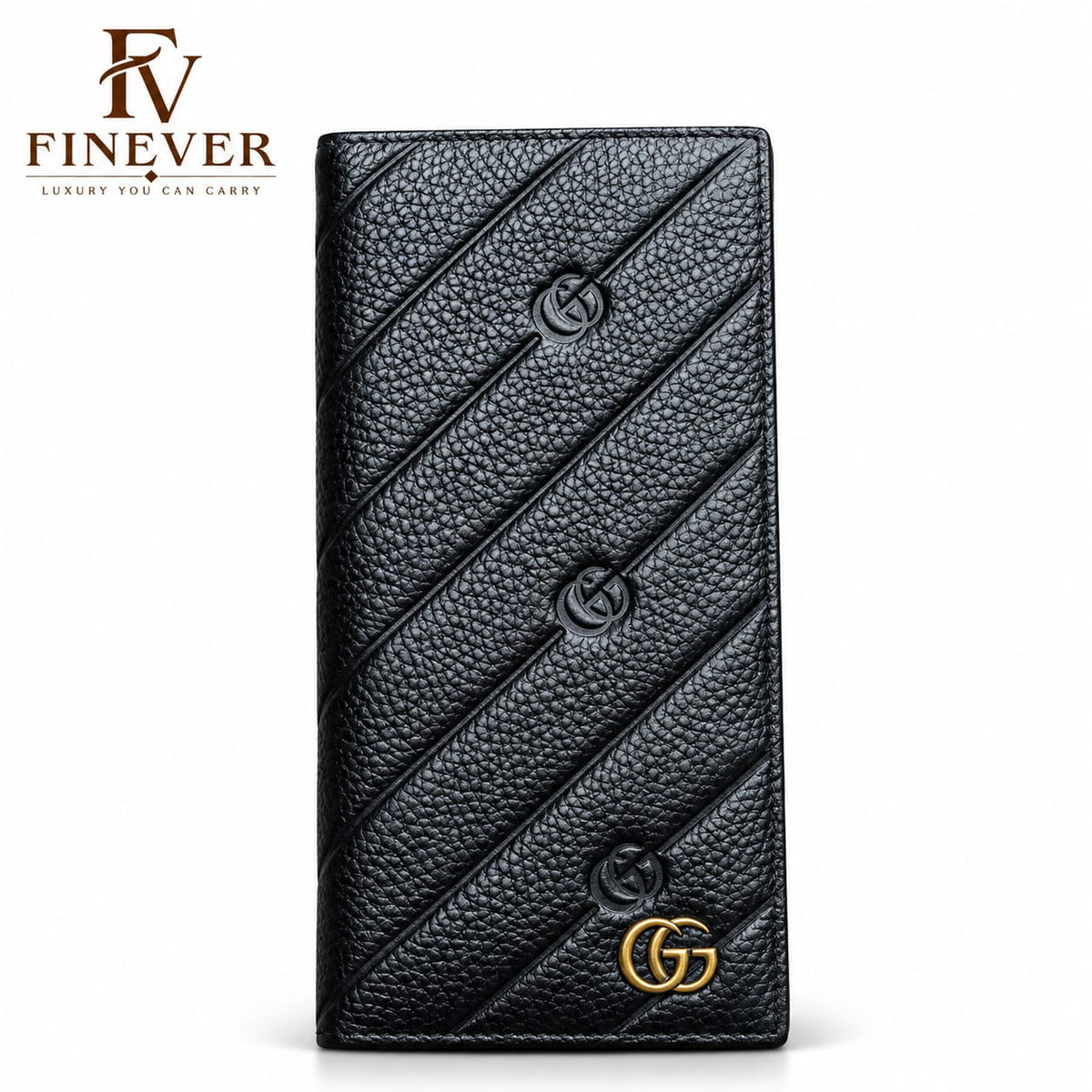 Premium Black Diagonal Textured Long Wallet for Men – Gold-Tone Emblem