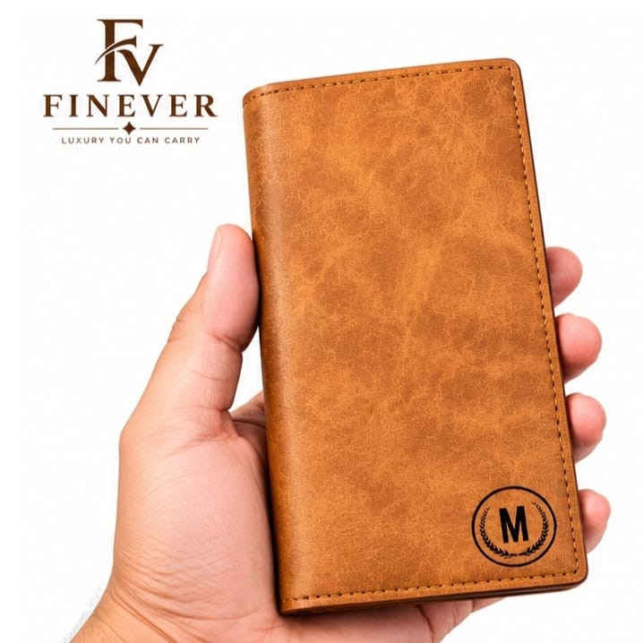 FINEVER Men's Tan Long Bifold Wallet – Multi-Card Holder Design
