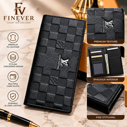Premium Black Checkerboard Textured Long Wallet for Men