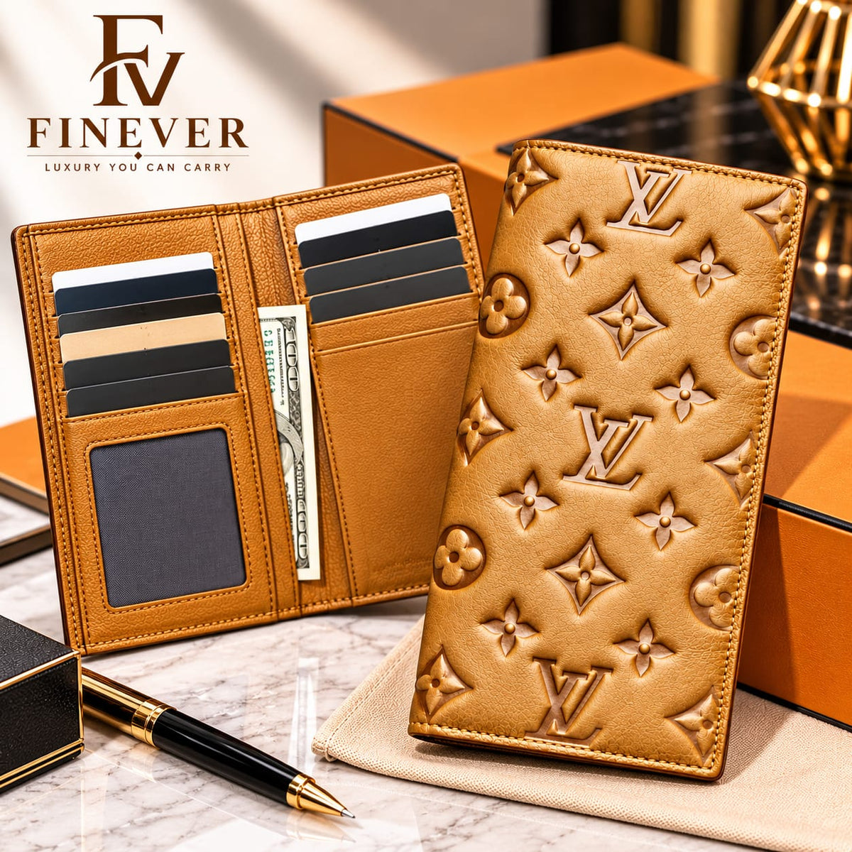 Premium Black Embossed Floral-Pattern Long Wallet for Men