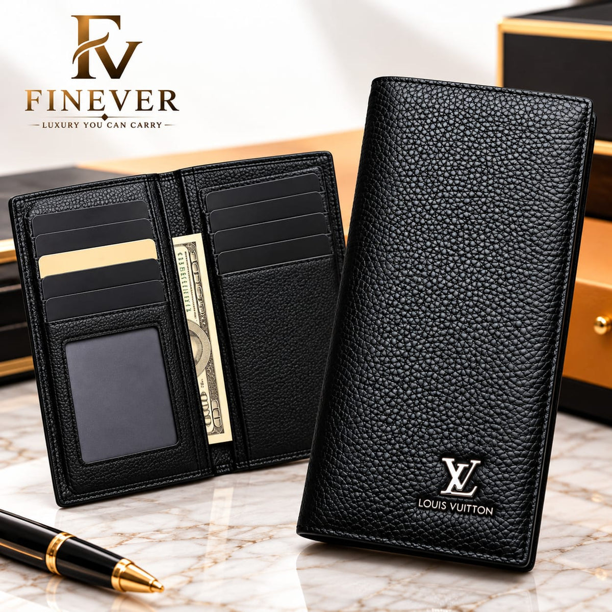 Premium Black Textured Long Wallet for Men – Elegant Classic Design